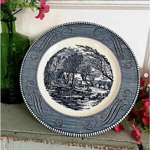Vintage Currier & Ives Old Grist Mill Blue Transferware Dinner Plate Royal Ohio
